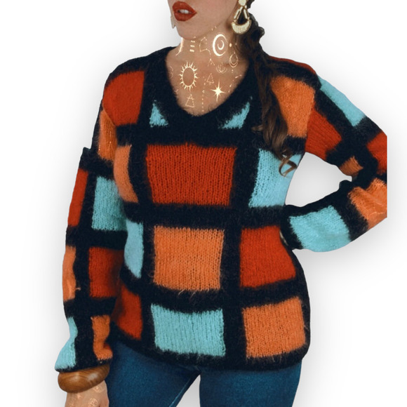 70's hand knitted mohair color block sweater - Picture 7 of 14